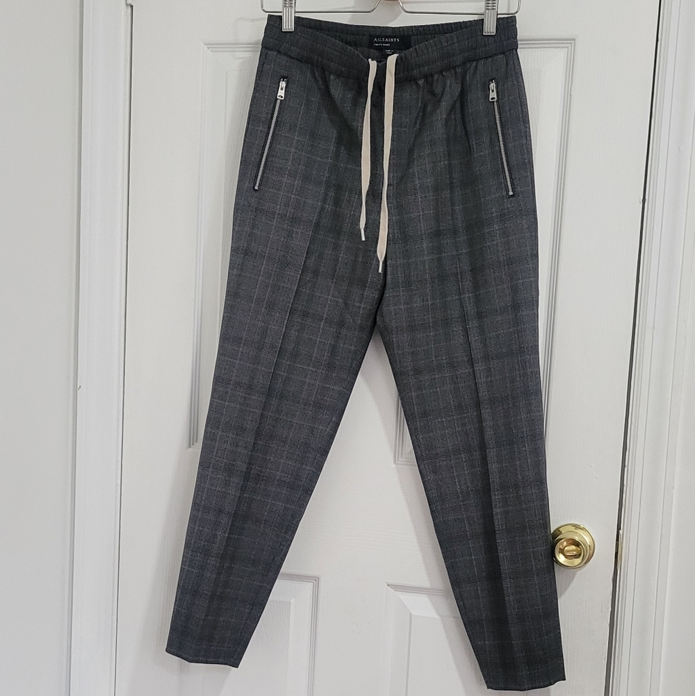 All Saints Men's Charcoal Plaid Dress Pants